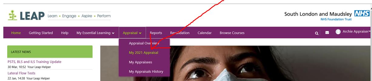 A screenshot of LEAP pointing out the 'my 2021 appraisal' link in the main menu.